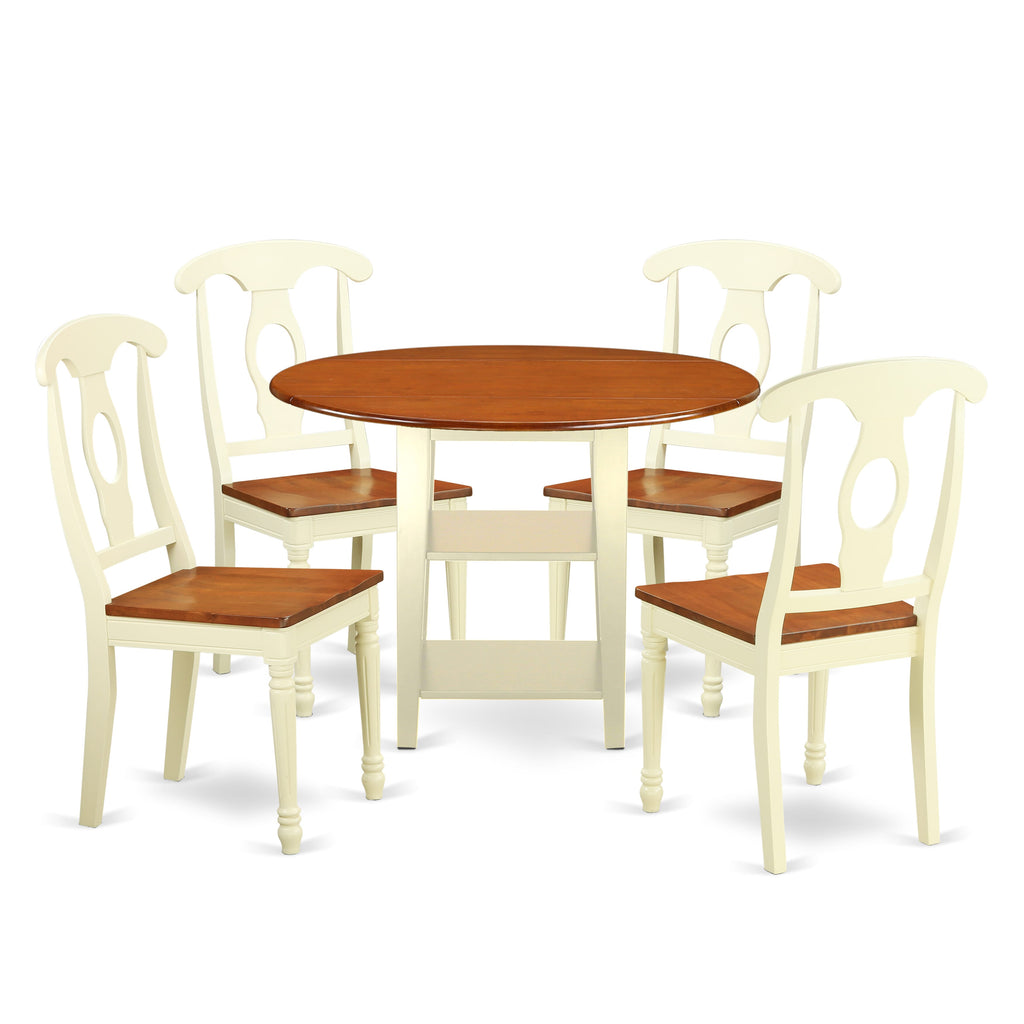 SUKE5-RXP-I - Round Dropleaf Table & 4 Chairs - 5 Piece Dining Set in Cherry & Buttermilk, Perfect for Kitchen Spaces (42x42 Inch)