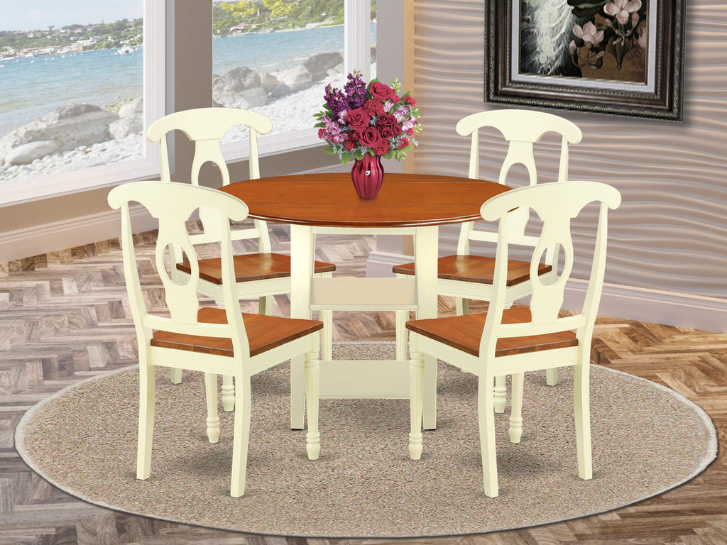 SUKE5-RXP-I - Round Dropleaf Table & 4 Chairs - 5 Piece Dining Set in Cherry & Buttermilk, Perfect for Kitchen Spaces (42x42 Inch)