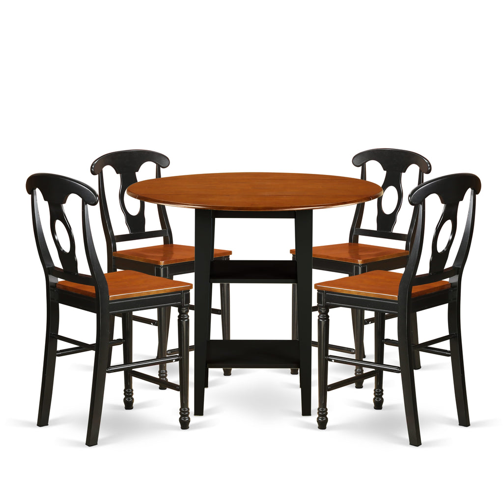 SUKE5P-OHH-W 5-Piece Counter Set Featuring Round Table with Storage & 4 Dining Seats in Sleek Black Cherry Finish