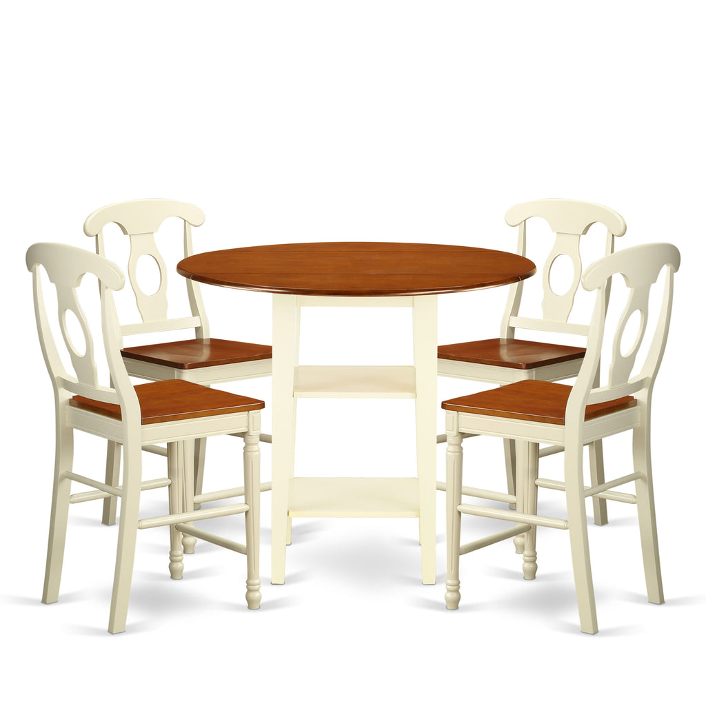 SUKE5G-ZMV-X 5-Piece Elevated Kitchen Set with Detachable Round Table & Storage, 4 Chairs, Buttermilk & Cherry Tones