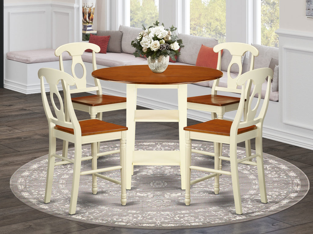 SUKE5G-ZMV-X 5-Piece Elevated Kitchen Set with Detachable Round Table & Storage, 4 Chairs, Buttermilk & Cherry Tones