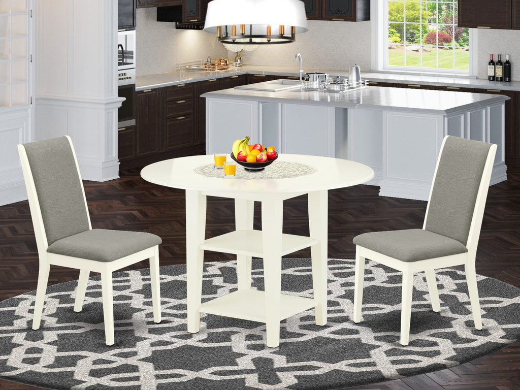 SULA3-T3U-CL Round Dropleaf Dining Table Set Linen White with Storage and Shitake Linen Chairs