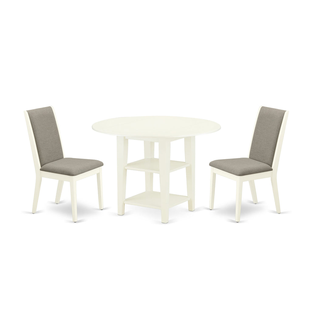 SULA3-T3U-CL Round Dropleaf Dining Table Set Linen White with Storage and Shitake Linen Chairs