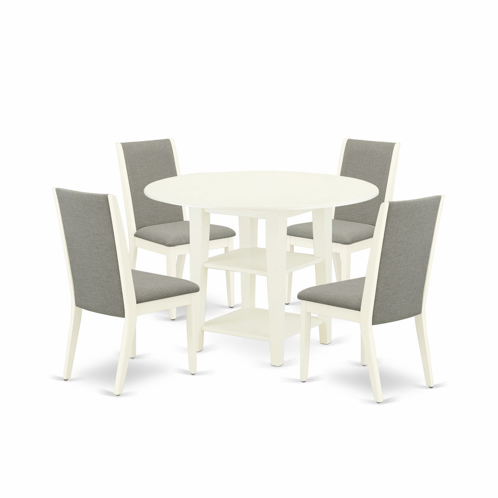 SULA5-EQ6-L3 5-Piece Dining Ensemble with Dropleaf Table & Linen Upholstered Chairs, Shitake Finish