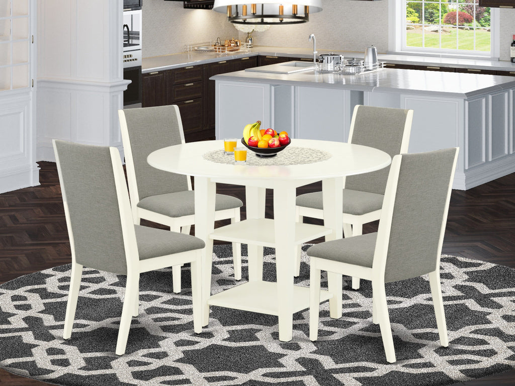 SULA5-EQ6-L3 5-Piece Dining Ensemble with Dropleaf Table & Linen Upholstered Chairs, Shitake Finish