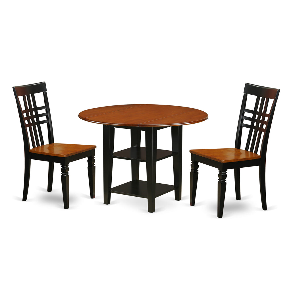 SULG3-FP3-3 3-Piece Round Drop Leaf Table Set with Shelves and 2 Chairs, 42 Black & Cherry Dining