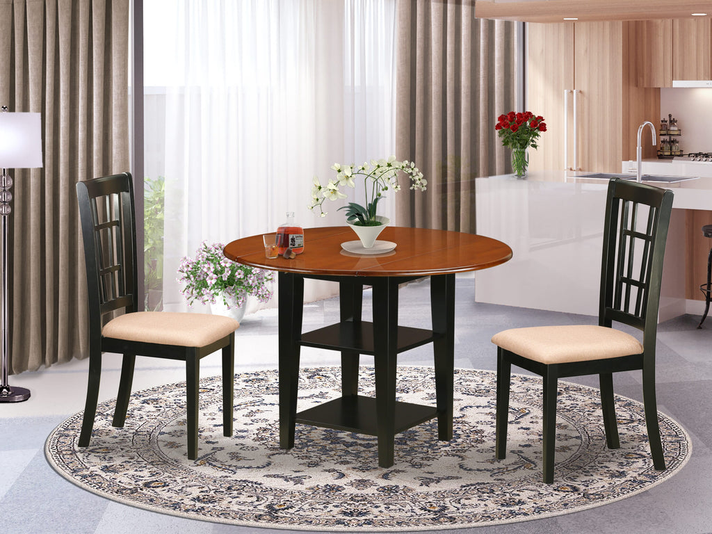 SUNI3-IY8-D 3-Piece Dining Set with Round Drop-leaf Table & Upholstered Chairs, Black Cherry Finish