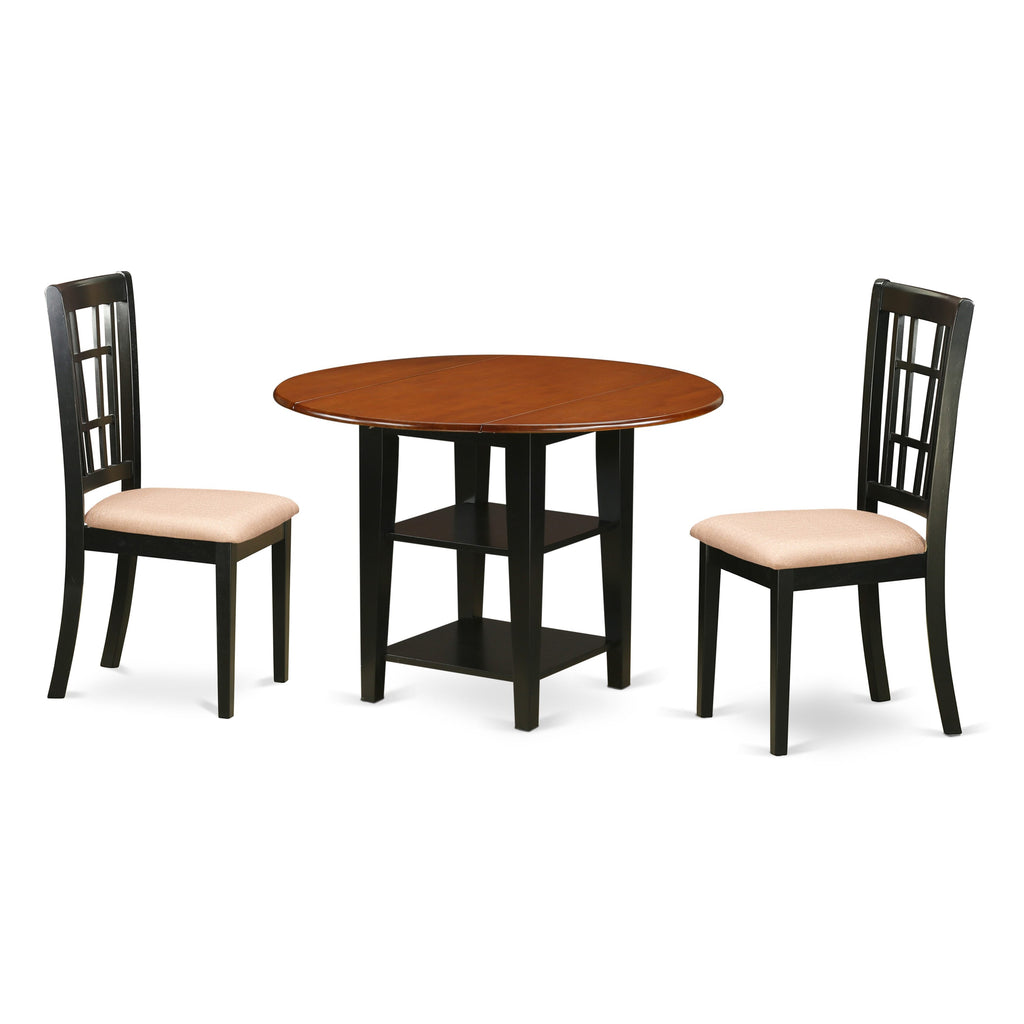 SUNI3-IY8-D 3-Piece Dining Set with Round Drop-leaf Table & Upholstered Chairs, Black Cherry Finish