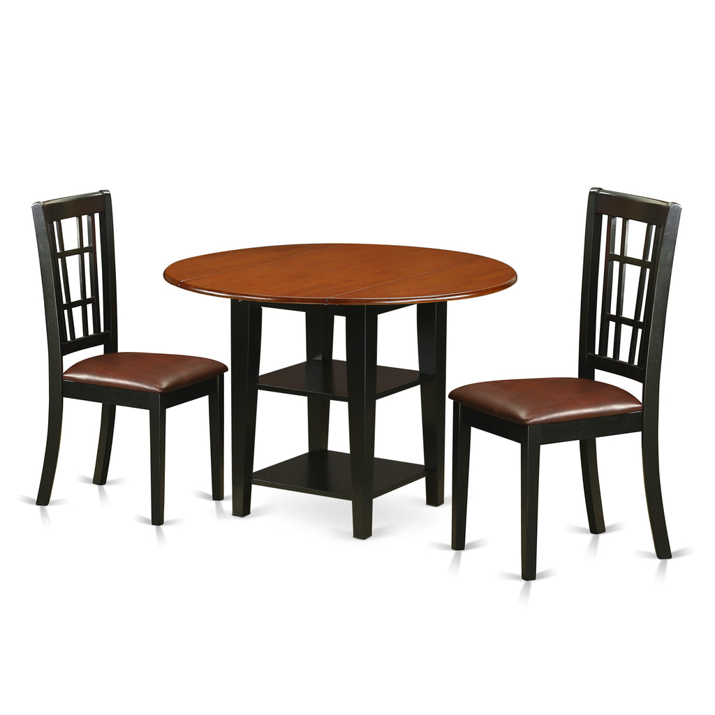 SUNI3-AJ0-BM 3-Piece Dining Collection Round Drop Leaf Table & 2 Black-Cherry Faux Leather Chairs