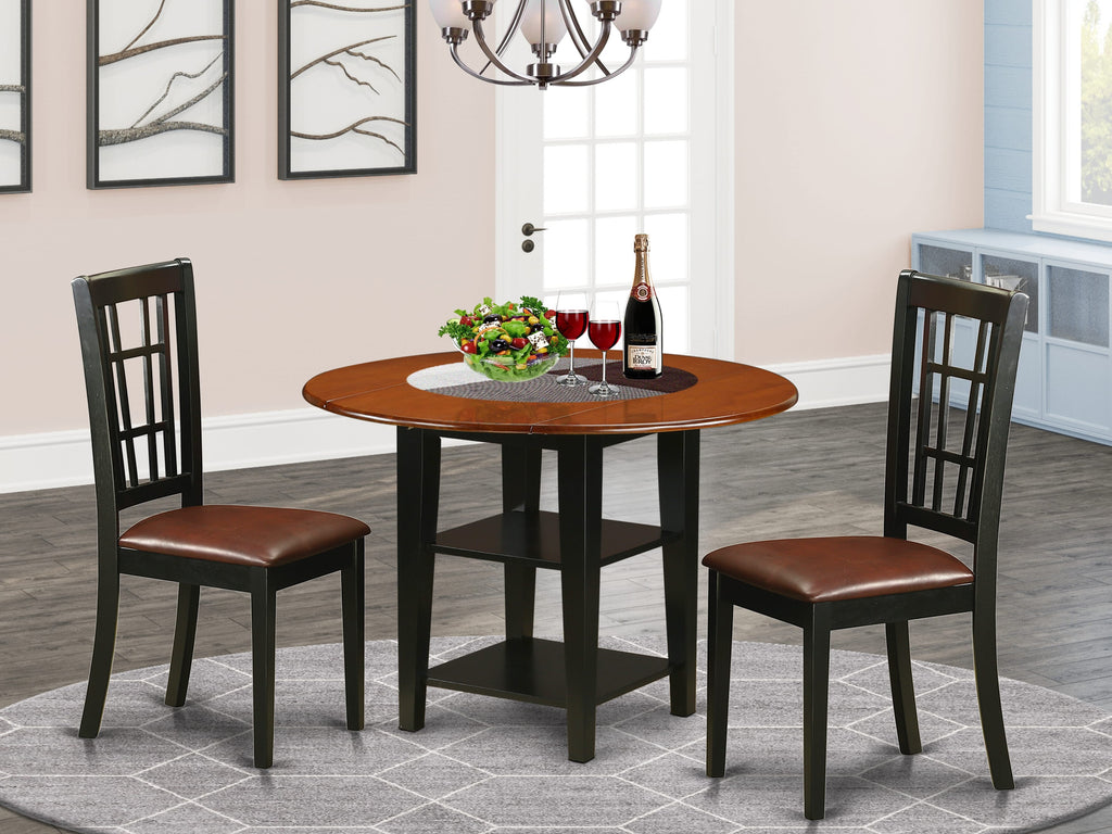 SUNI3-AJ0-BM 3-Piece Dining Collection Round Drop Leaf Table & 2 Black-Cherry Faux Leather Chairs