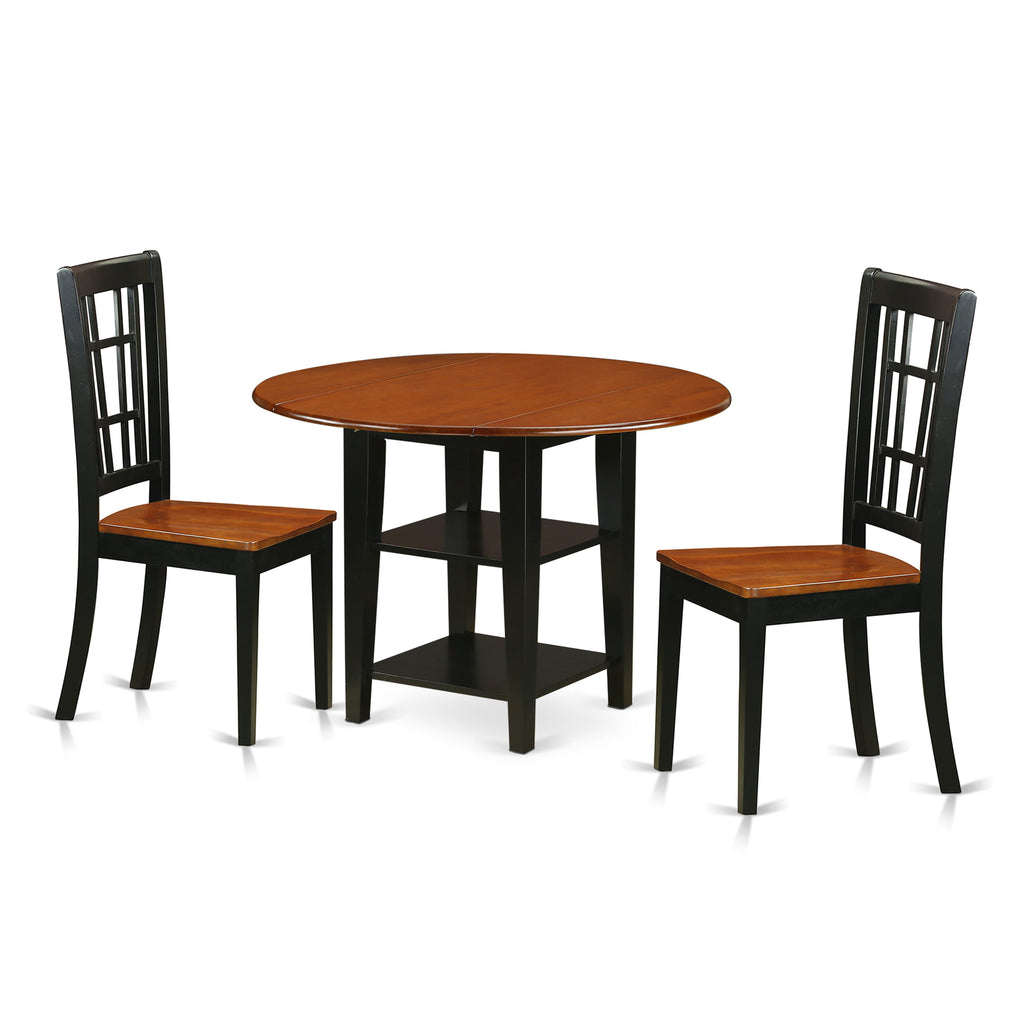 SUNI3-YAX-4 Compact 3-Piece Dining Ensemble with Versatile Dropleaf Table & Stylish Chairs for Cozy Settings, Black Cherry Finish