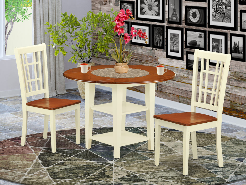 SUNI3-X9J-J 3 Piece Dining Set Compact Round Dropleaf & Storage Table with Pair of Chairs