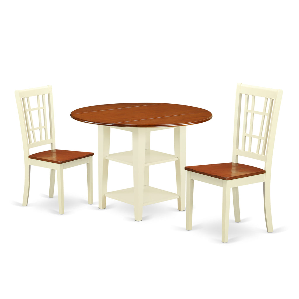 SUNI3-X9J-J 3 Piece Dining Set Compact Round Dropleaf & Storage Table with Pair of Chairs