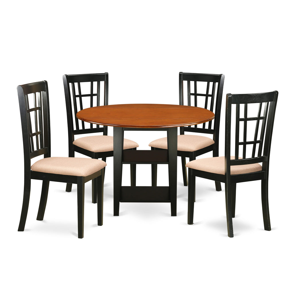 SUNI5-0JM-N Set 5-Piece Dropleaf Dining Table with Handy Shelves and 4 Upholstered Linen Chairs, 42x42 in Black & Cherry
