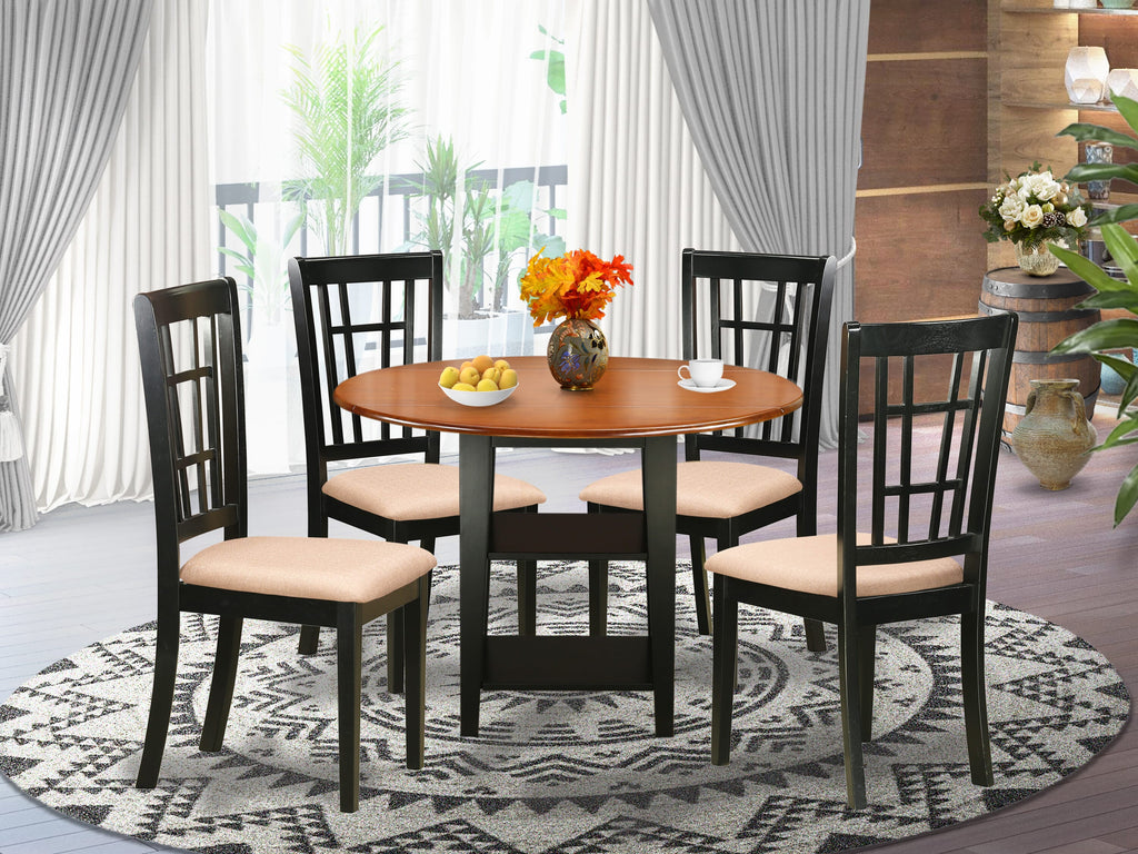 SUNI5-0JM-N Set 5-Piece Dropleaf Dining Table with Handy Shelves and 4 Upholstered Linen Chairs, 42x42 in Black & Cherry