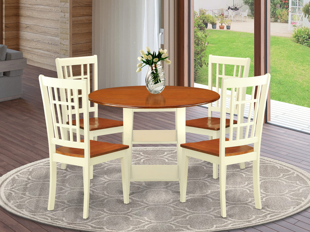SUNI5-CEF-B 42 Round Buttermilk & Cherry Dining Ensemble Dropleaf Table with Storage & 4 Chairs - 5 Pc Set