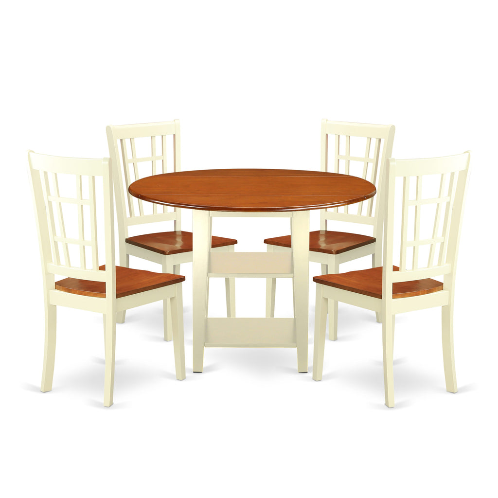 SUNI5-CEF-B 42 Round Buttermilk & Cherry Dining Ensemble Dropleaf Table with Storage & 4 Chairs - 5 Pc Set
