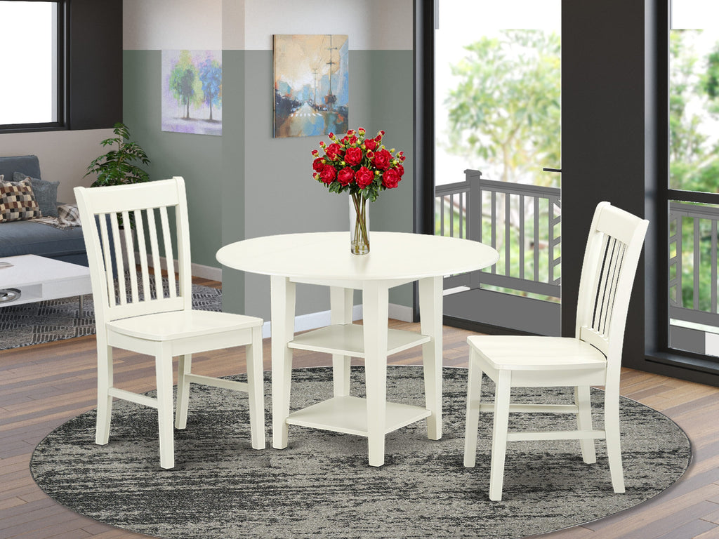 SUNO3-CLX-7 Delightful 3 Piece Dining Ensemble Round Table with Dropleaf & Shelves, 2 Chairs