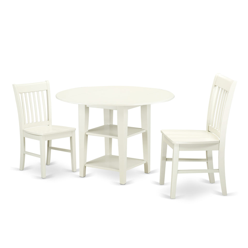 SUNO3-CLX-7 Delightful 3 Piece Dining Ensemble Round Table with Dropleaf & Shelves, 2 Chairs