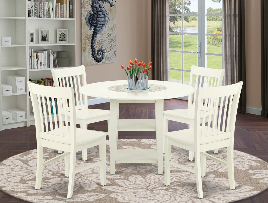SUNO5-0FO-G 5-Piece Round Dining Ensemble with Dropleaf Table & Storage, 4 Wooded Seats, 42x42 Linen White