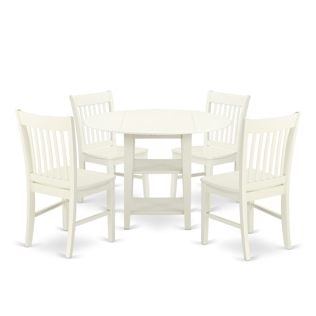 SUNO5-0FO-G 5-Piece Round Dining Ensemble with Dropleaf Table & Storage, 4 Wooded Seats, 42x42 Linen White