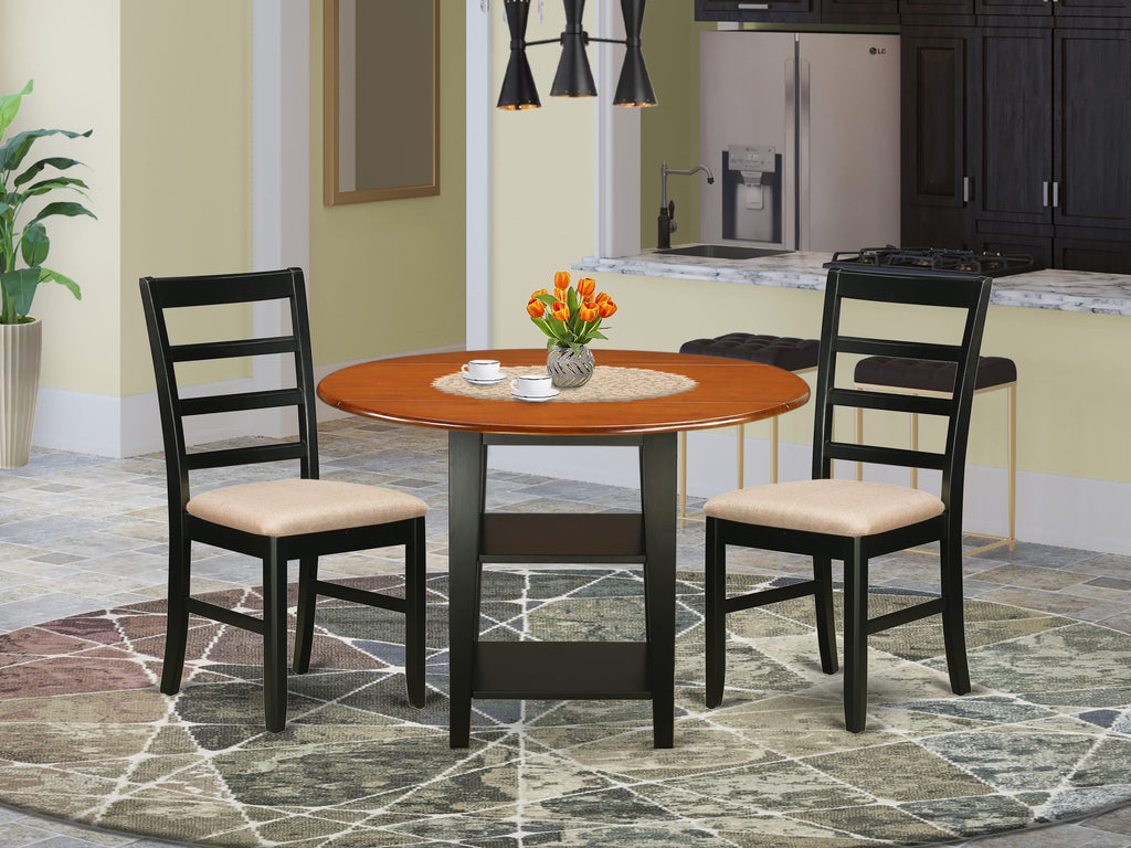 SUPF3-4OV-H 3-Piece Set with Round Drop Leaf Table, Shelves & 2 Upholstered Chairs, Black & Cherry Finish