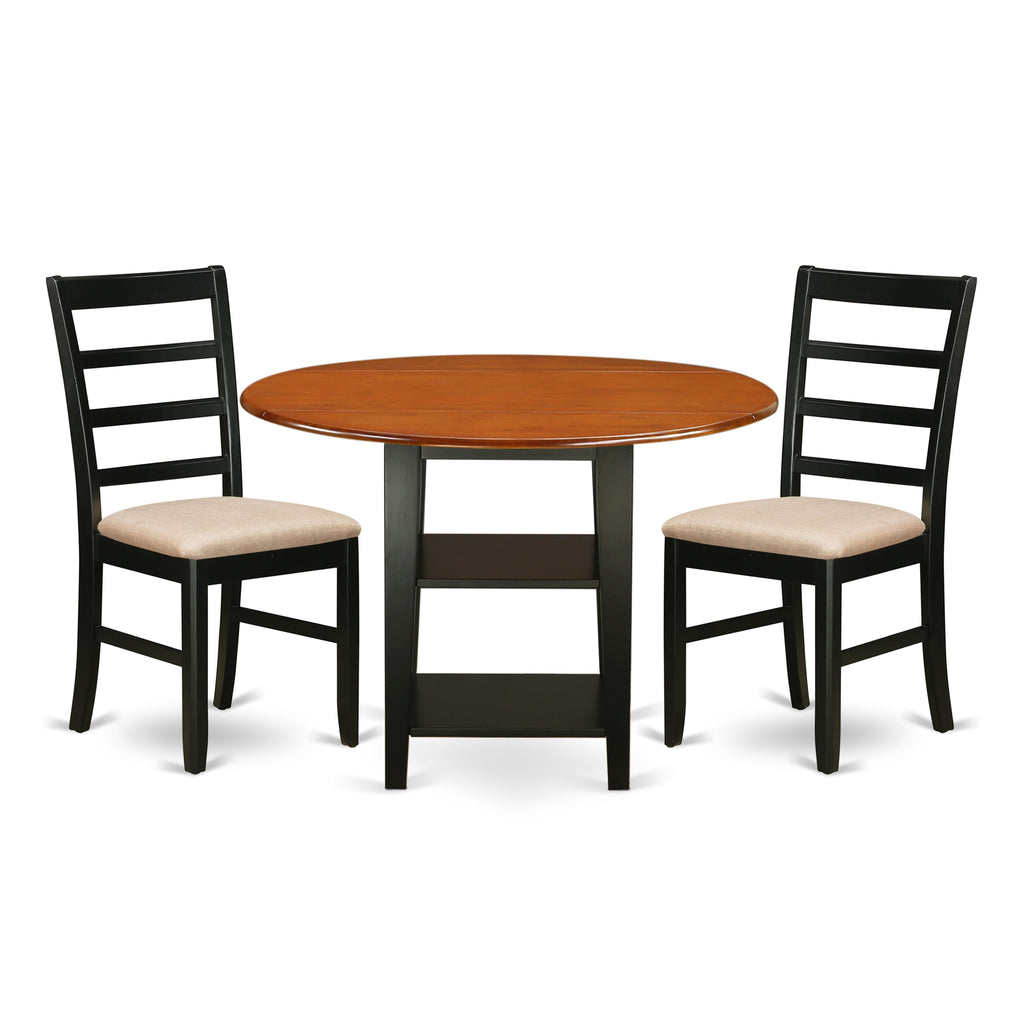 SUPF3-4OV-H 3-Piece Set with Round Drop Leaf Table, Shelves & 2 Upholstered Chairs, Black & Cherry Finish