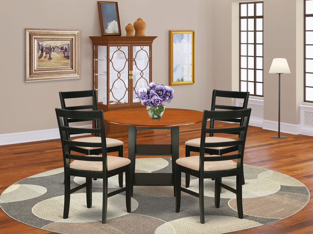 SUPF5-PW7-U 5-Piece Dining Ensemble Round Drop-leaf Table with Shelves & 4 Fabric Chairs, 42 in Black & Cherry