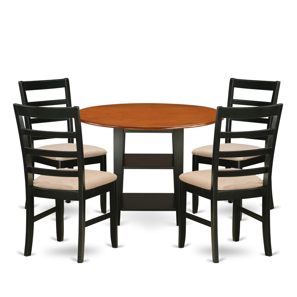 SUPF5-PW7-U 5-Piece Dining Ensemble Round Drop-leaf Table with Shelves & 4 Fabric Chairs, 42 in Black & Cherry