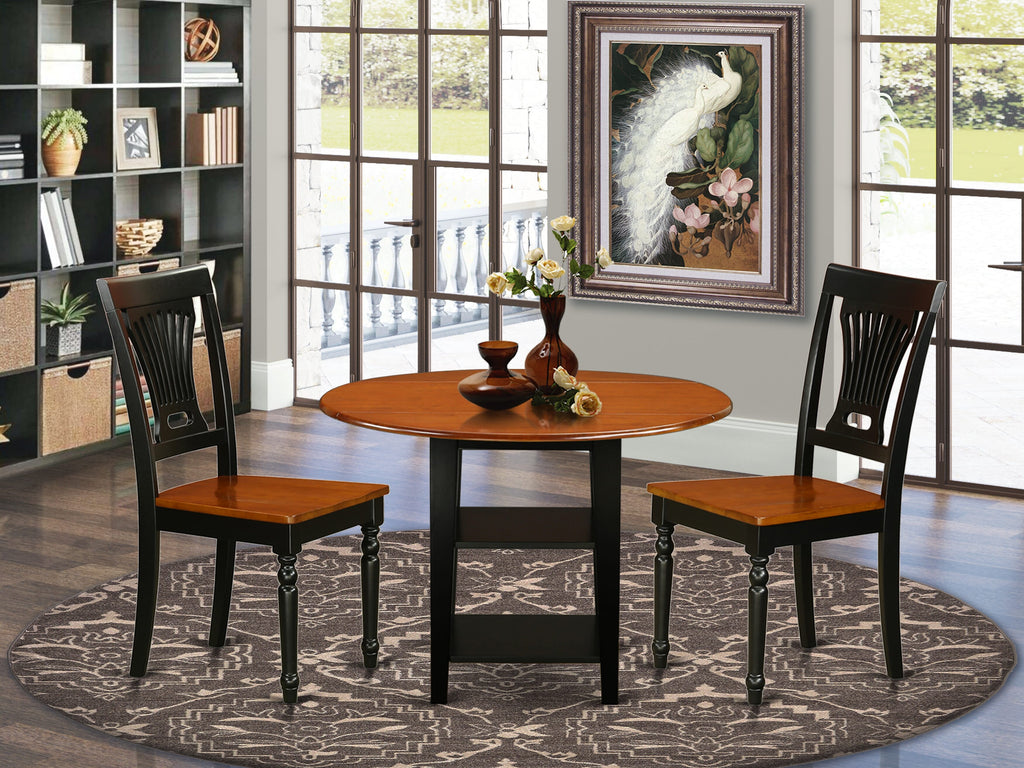 SUPL3-NLK-X Stylish Walnut & Black Round Dining Set With Dropleaf & Shelving, Includes 2 Chairs