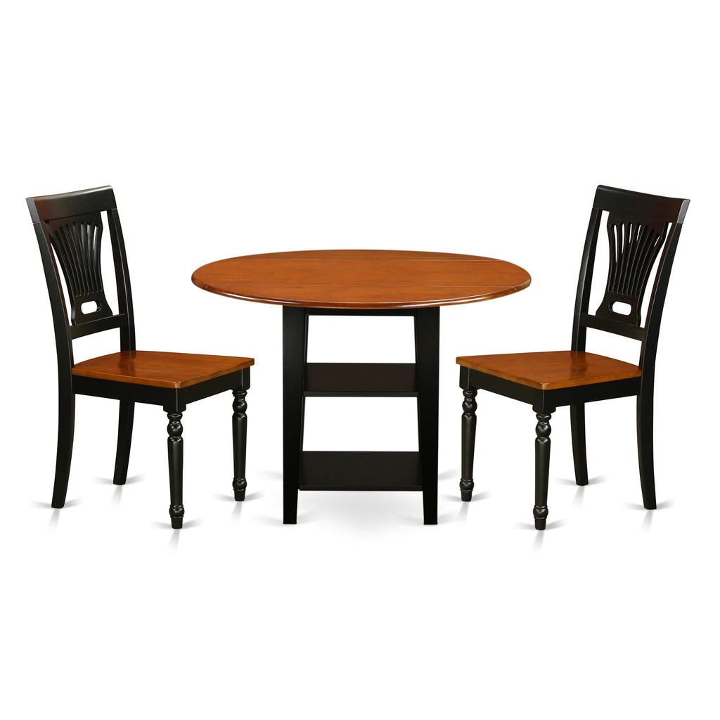 SUPL3-NLK-X Stylish Walnut & Black Round Dining Set With Dropleaf & Shelving, Includes 2 Chairs