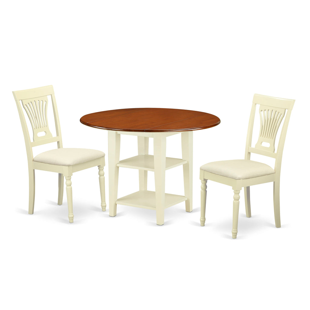 SUPL3-74W-C 3-Piece Set Round Dining Table with Dropleaf, Shelves & Upholstered Chairs in Chic Buttermilk & Cherry