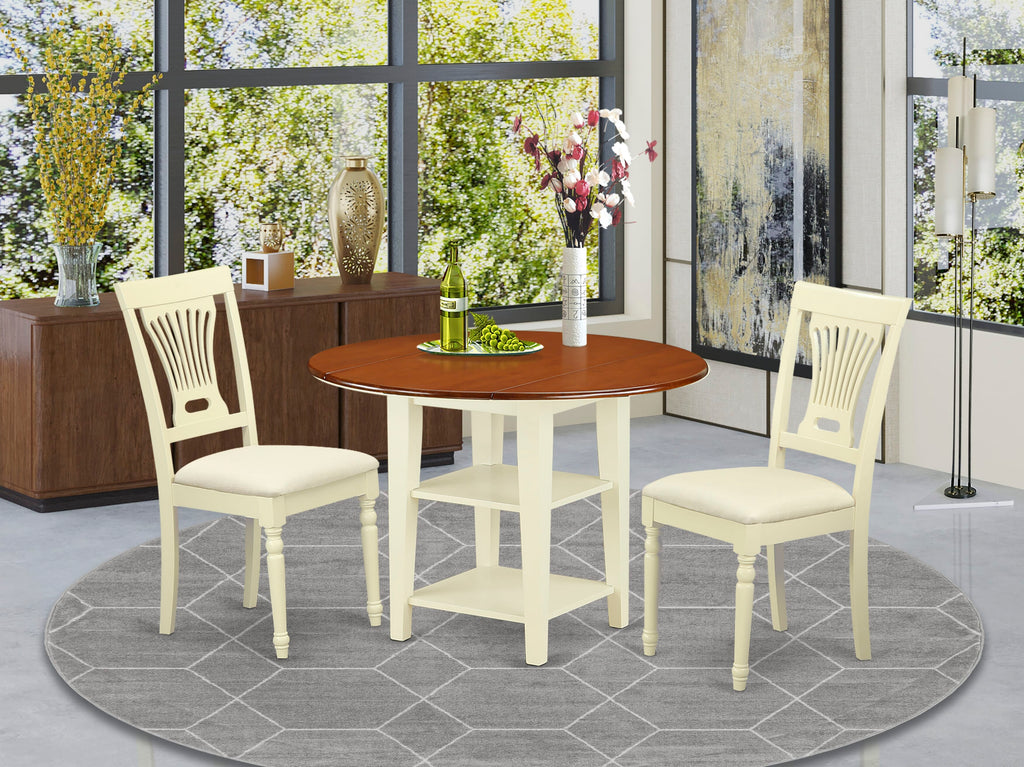 SUPL3-74W-C 3-Piece Set Round Dining Table with Dropleaf, Shelves & Upholstered Chairs in Chic Buttermilk & Cherry