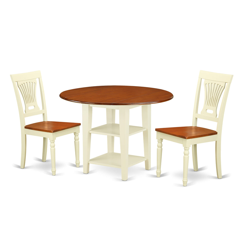 SUPL3-5UJ-S Chic 3-Piece Round Dining Set with Dropleaf Table, Shelves, & 2 Wood Chairs, 42x42 Inch