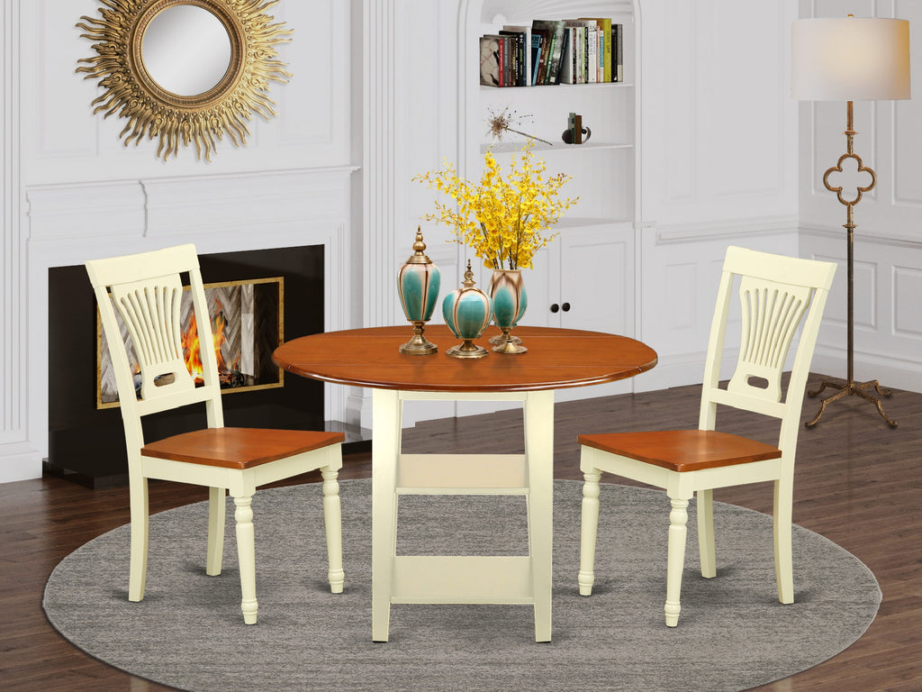 SUPL3-5UJ-S Chic 3-Piece Round Dining Set with Dropleaf Table, Shelves, & 2 Wood Chairs, 42x42 Inch