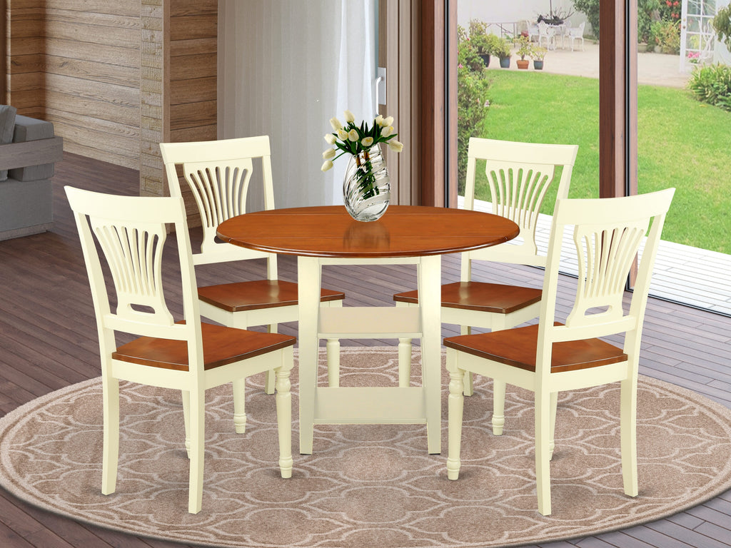 SUPL5 Furniture Set 5-Piece Dining Ensemble with Dual Shelving and Drop Leaf Table, 4 Cushioned Chairs, 42-Inch, Cherry & Buttermilk