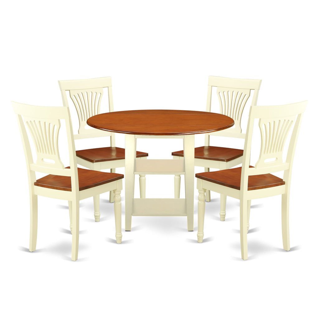 SUPL5 Furniture Set 5-Piece Dining Ensemble with Dual Shelving and Drop Leaf Table, 4 Cushioned Chairs, 42-Inch, Cherry & Buttermilk
