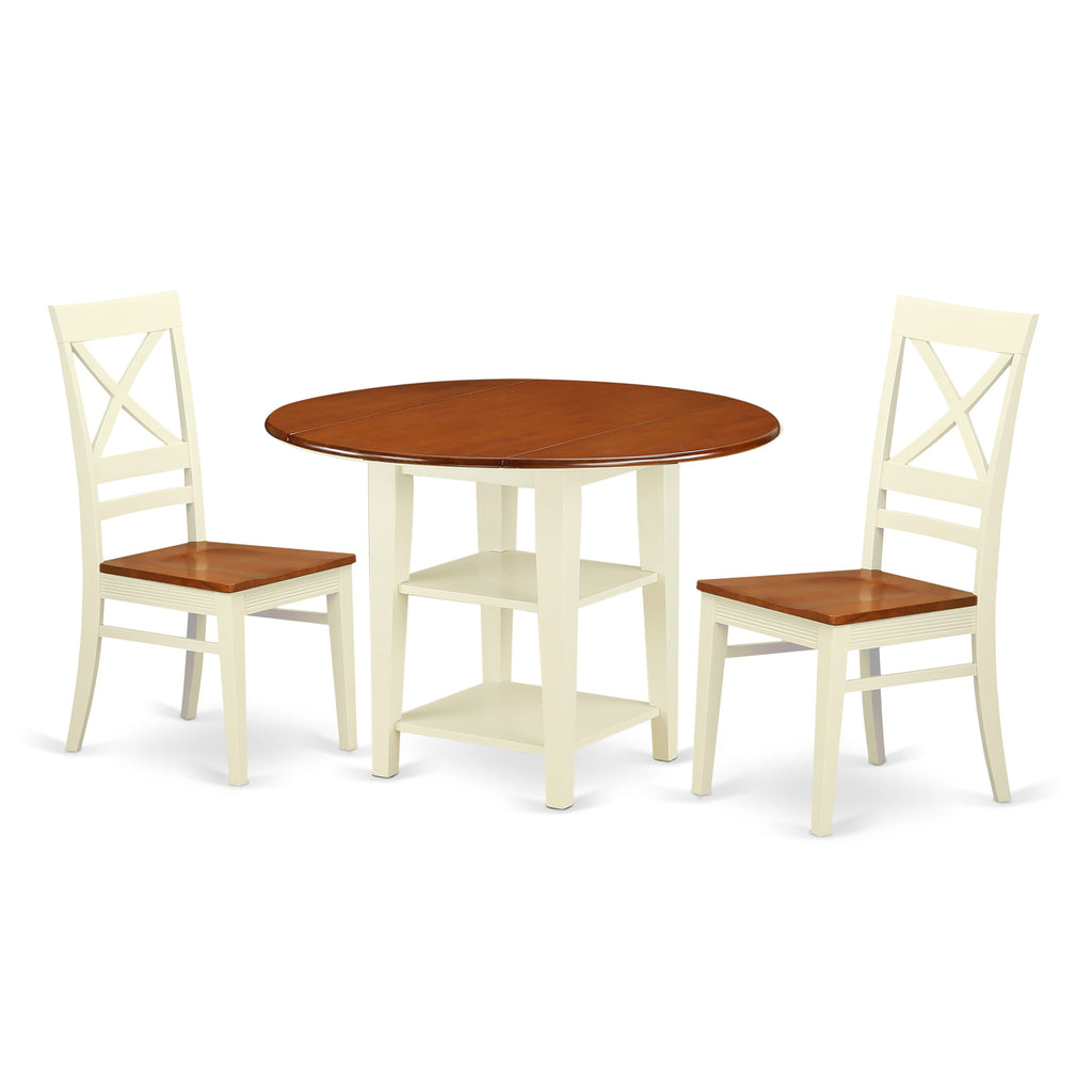 SUQU3-EBU-A 3 Pc Set Round Drop Leaf Table, Integrated Shelves & 2 Chairs, 42x42 Inch, Cream & Cherry Wood