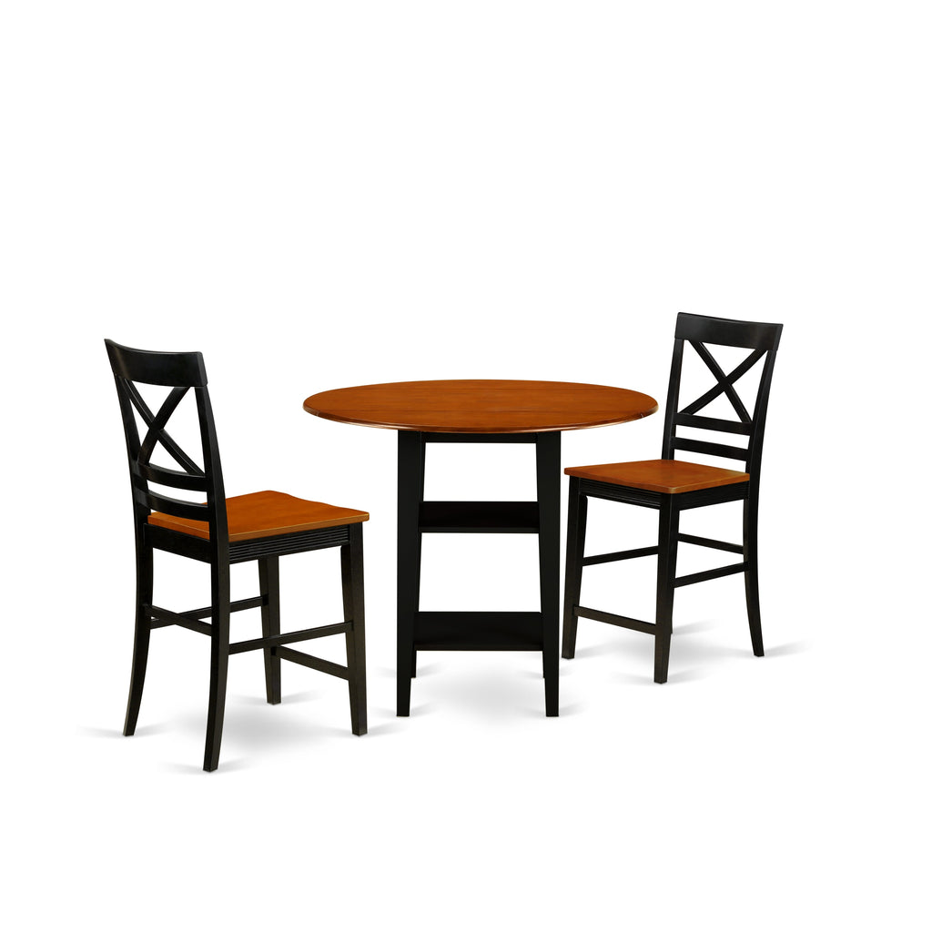 SUQU30-9ZX-B 3-Piece Counter Dining Set Round Drop-leaf Table with Storage & 2 Chairs, Chic Black & Cherry