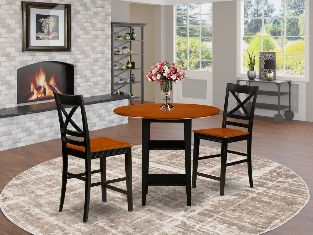 SUQU30-9ZX-B 3-Piece Counter Dining Set Round Drop-leaf Table with Storage & 2 Chairs, Chic Black & Cherry