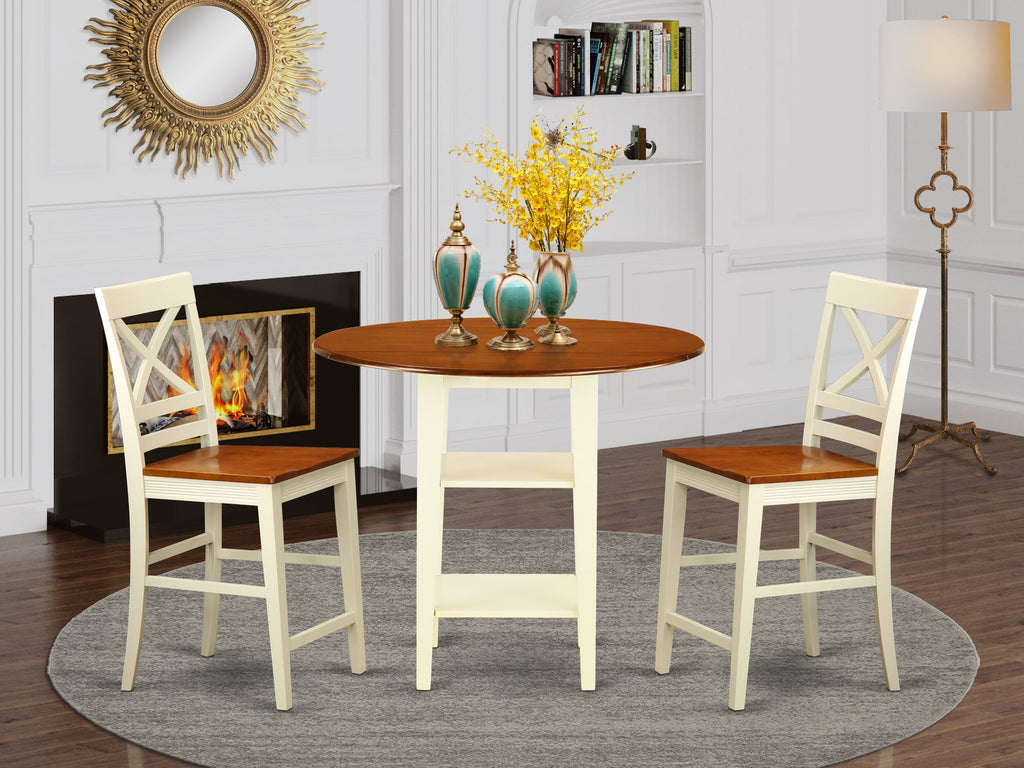 SUQU3E-MAI-6 3 Piece Compact Dining Set With Round Drop Leaf Shelves Table & 2 Chairs, Buttermilk & Cherry Finish 42x42 Inch