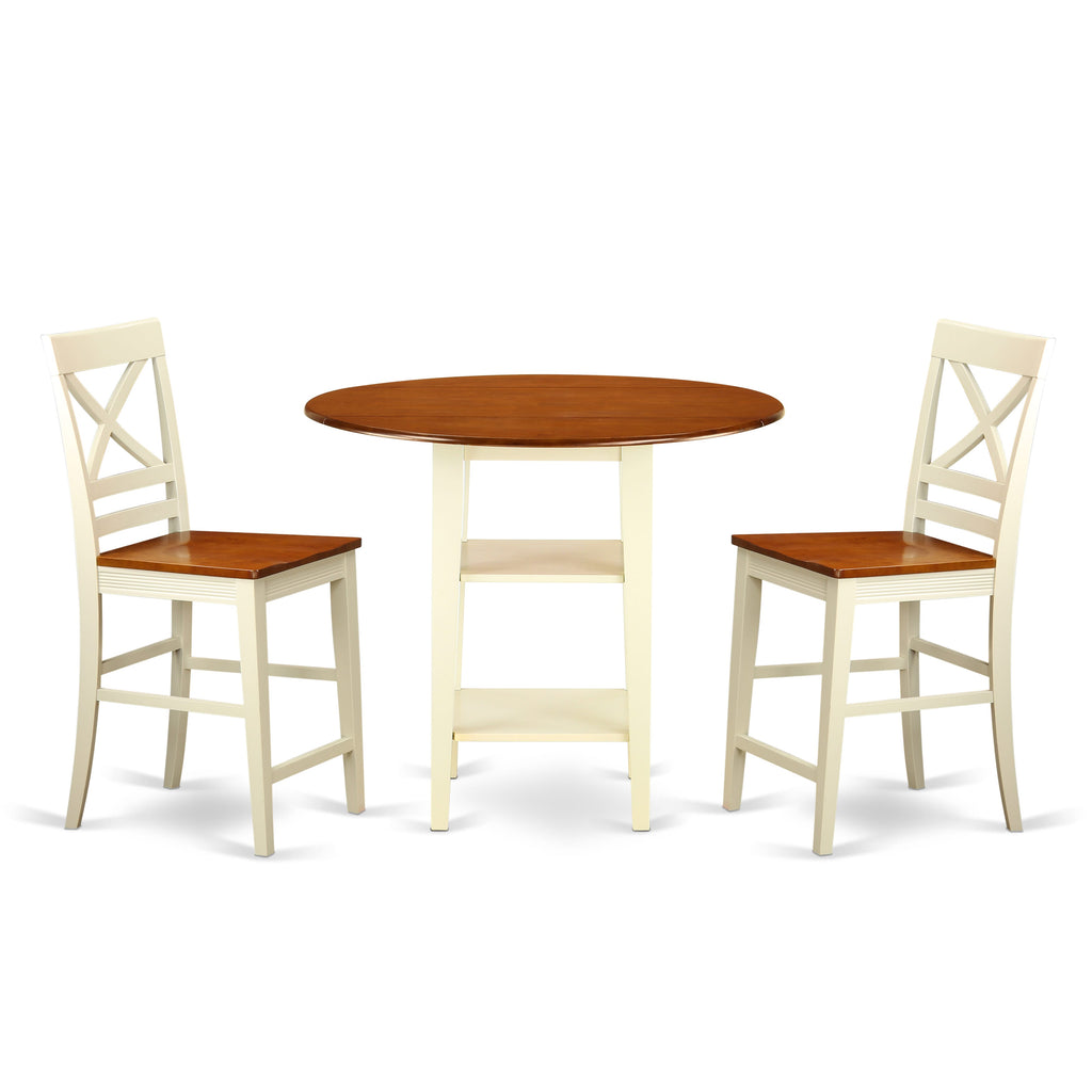 SUQU3E-MAI-6 3 Piece Compact Dining Set With Round Drop Leaf Shelves Table & 2 Chairs, Buttermilk & Cherry Finish 42x42 Inch