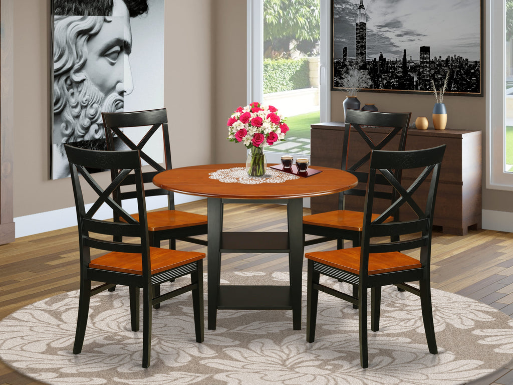 SUQU5-BGR-1 Compact Five-Piece Dining Ensemble with Round Dropleaf Table and Shelf - Black Cherry Finish