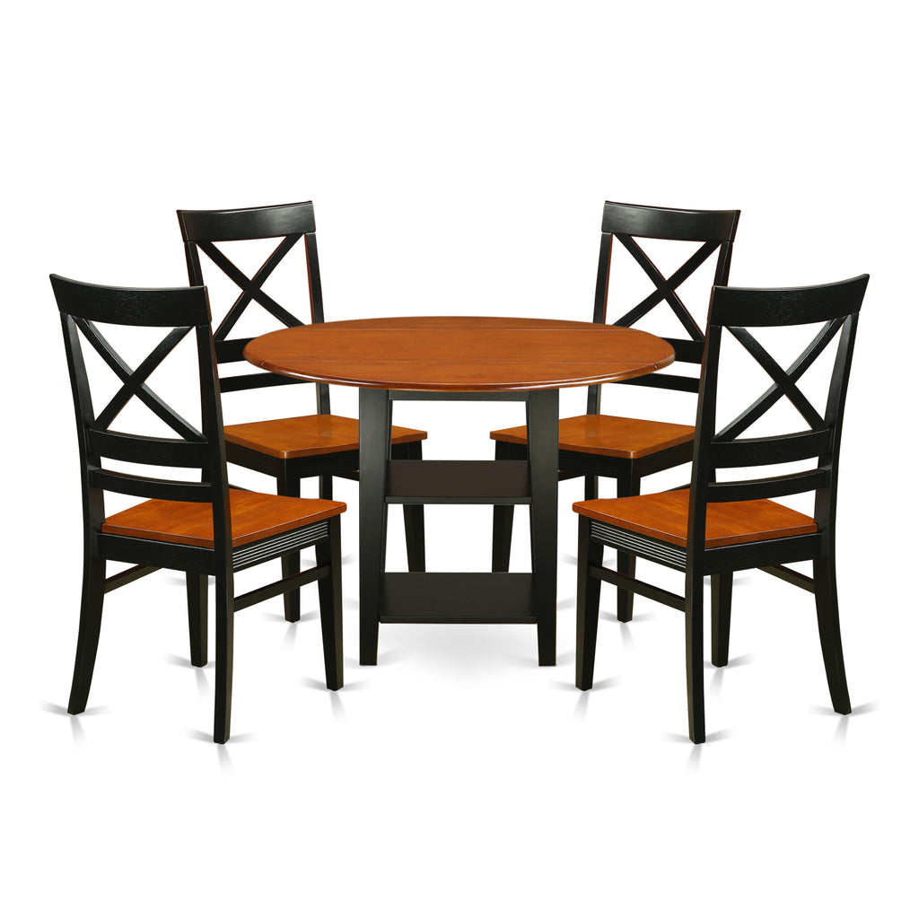 SUQU5-BGR-1 Compact Five-Piece Dining Ensemble with Round Dropleaf Table and Shelf - Black Cherry Finish
