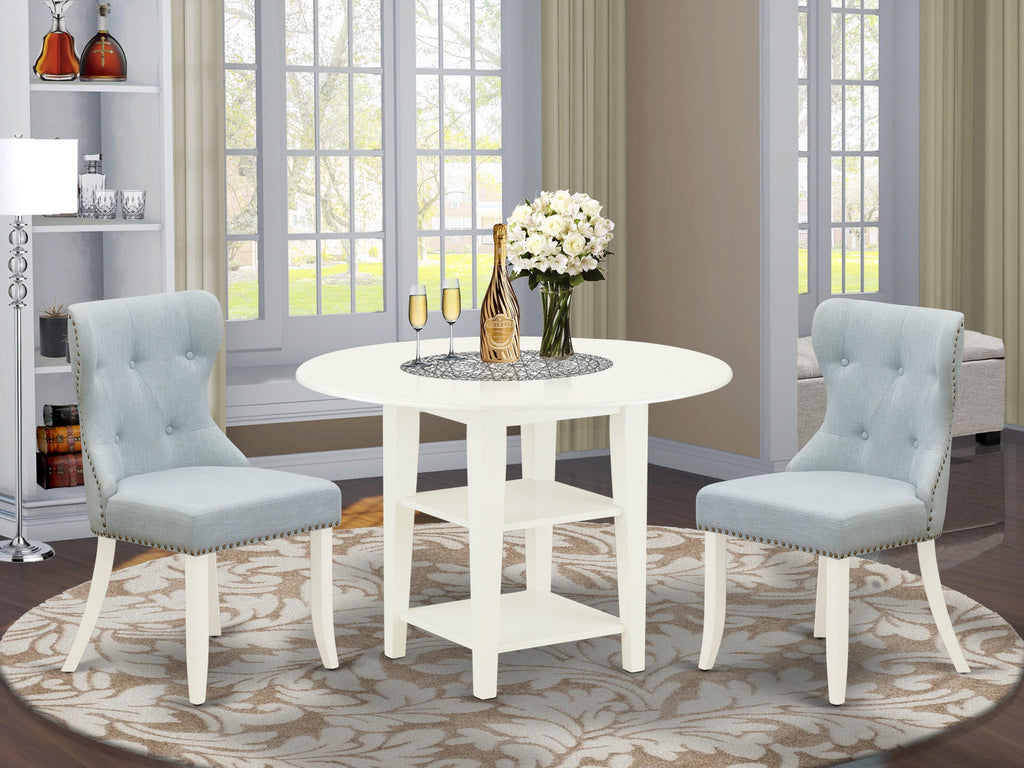 SUSI3-9L2-OZ 3 Piece Dining Ensemble Round Table with Dropleaf, Storage, and Baby Blue Linen Chairs