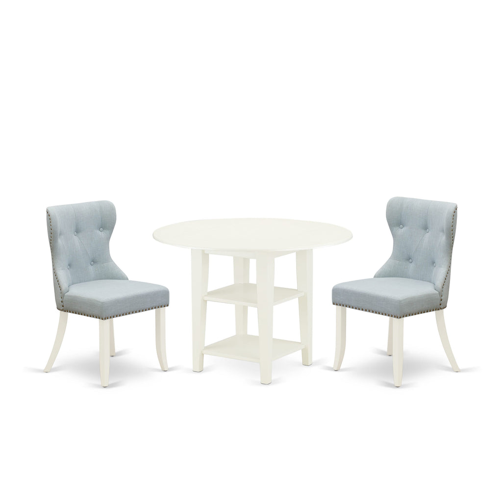 SUSI3-9L2-OZ 3 Piece Dining Ensemble Round Table with Dropleaf, Storage, and Baby Blue Linen Chairs