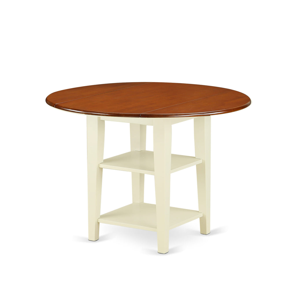 SUT-B1U-M Sudbury Dining Table with Cherry Top, Dropleaf & Two Shelves, Buttermilk Finish, 42-Inch Round