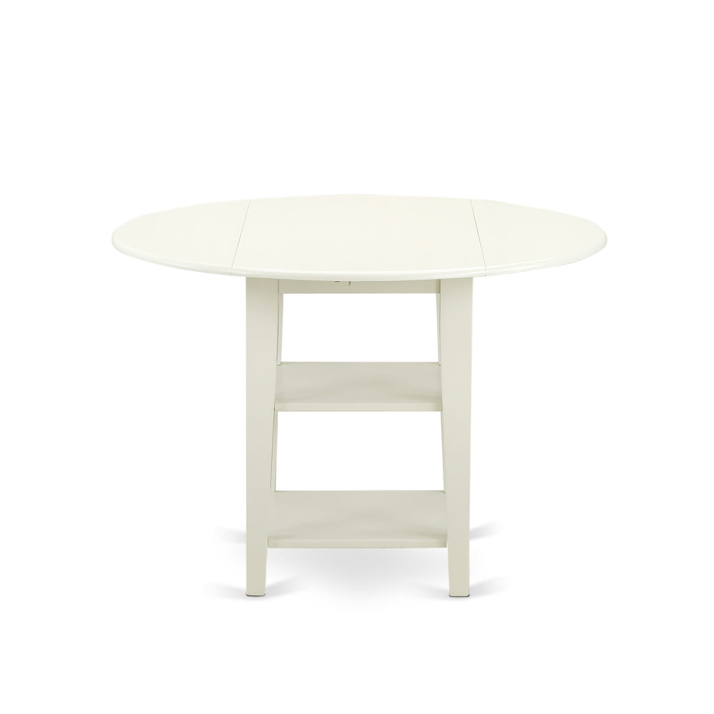 SUT-L8P-L Elegant Round Dining Table with Dual Shelves and Dropleaf, 42x42 Linen White Finish