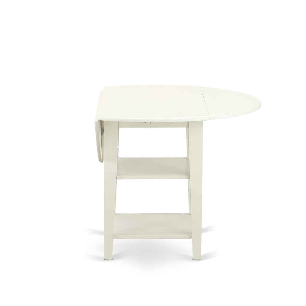SUKE3-EBB-O 3-Piece Sunlit White Compact Dining Set with Round Drop Leaf Table, Shelf, and 2 Chairs