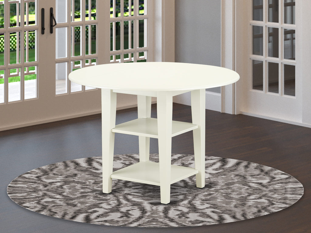 SUT-L8P-L Elegant Round Dining Table with Dual Shelves and Dropleaf, 42x42 Linen White Finish